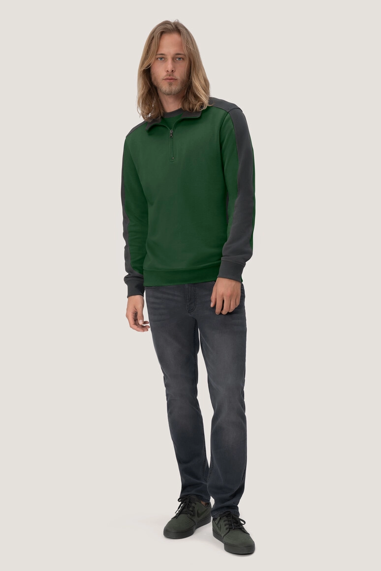 HAKRO Zip-Sweatshirt Contrast Mikralinar® zum Besticken und Bedrucken in der Farbe Tanne/anthrazit mit Ihren Logo, Schriftzug oder Motiv.