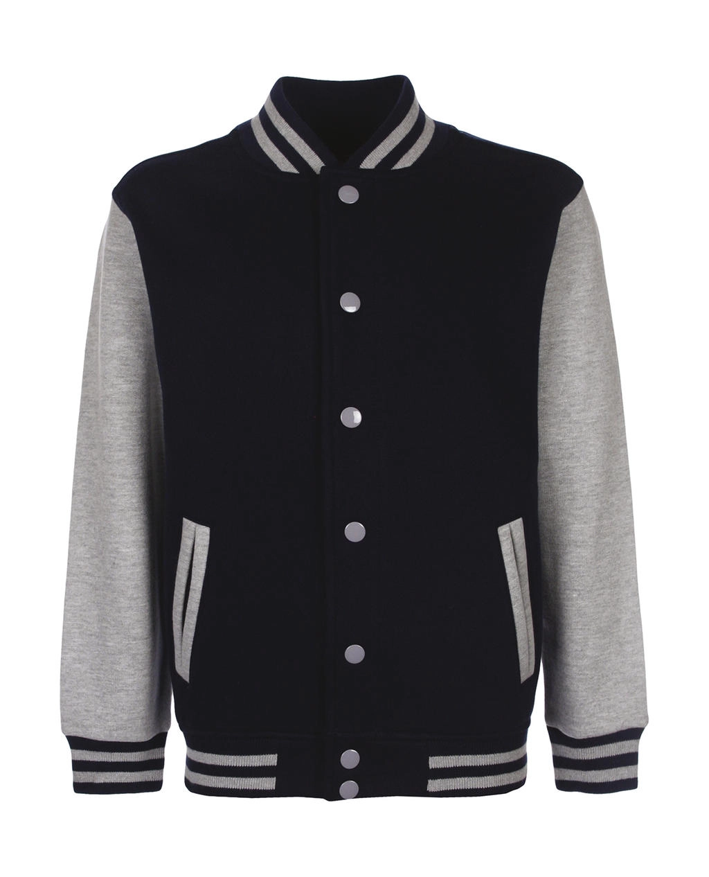 Junior Varsity Jacket zum Besticken und Bedrucken in der Farbe Navy/Sport Grey mit Ihren Logo, Schriftzug oder Motiv.