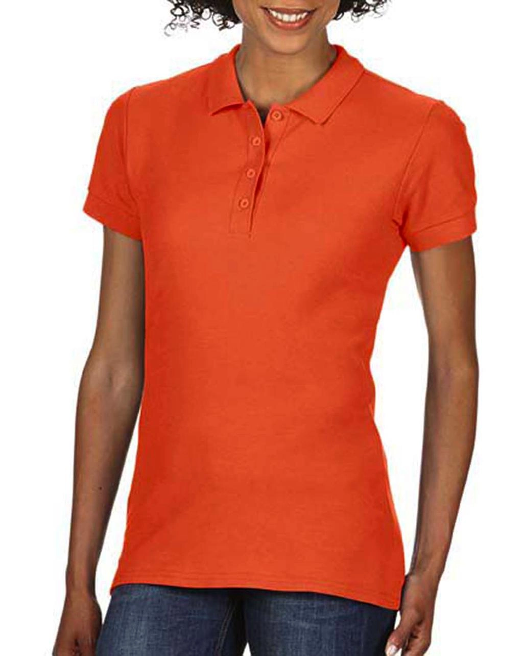 Softstyle® Ladies Double Pique Polo zum Besticken und Bedrucken in der Farbe Orange mit Ihren Logo, Schriftzug oder Motiv.