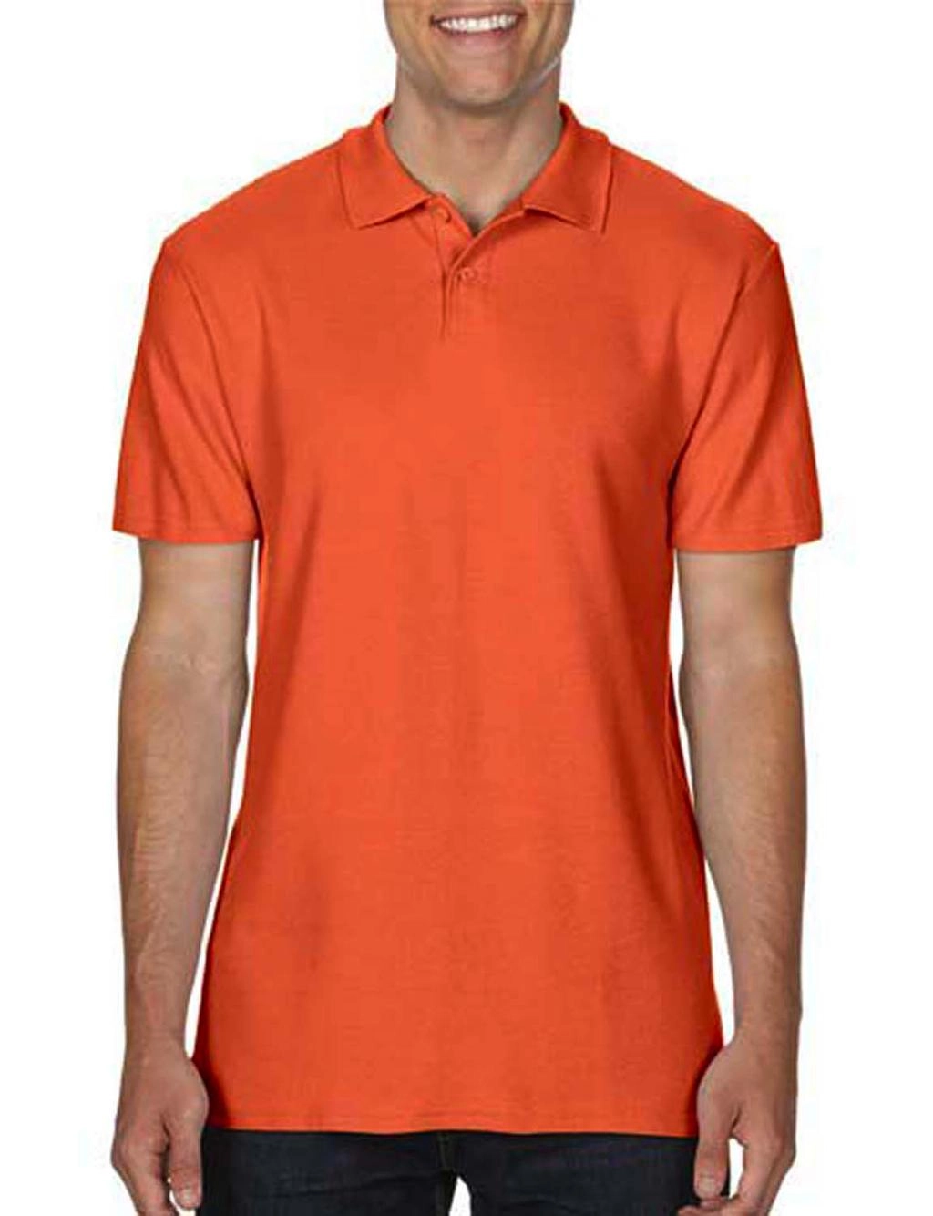 Softstyle® Adult Double Pique Polo zum Besticken und Bedrucken in der Farbe Orange mit Ihren Logo, Schriftzug oder Motiv.