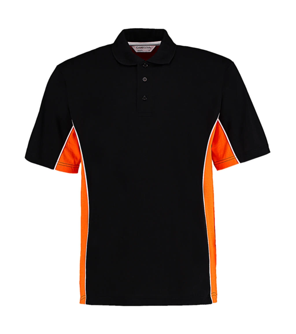 Classic Fit Track Polo zum Besticken und Bedrucken in der Farbe Black/Orange/White mit Ihren Logo, Schriftzug oder Motiv.