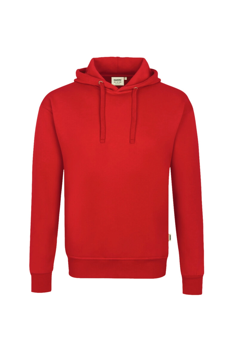 HAKRO Kapuzen-Sweatshirt Bio-Baumwolle GOTS zum Besticken und Bedrucken in der Farbe Rot mit Ihren Logo, Schriftzug oder Motiv.