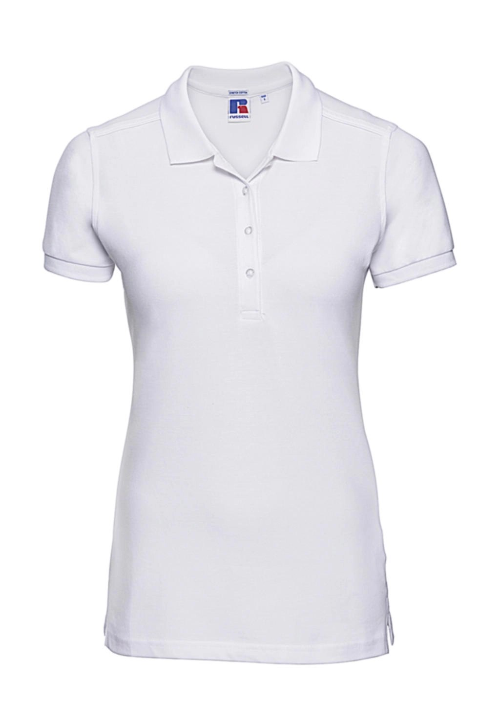 Ladies` Fitted Stretch Polo zum Besticken und Bedrucken in der Farbe White mit Ihren Logo, Schriftzug oder Motiv.