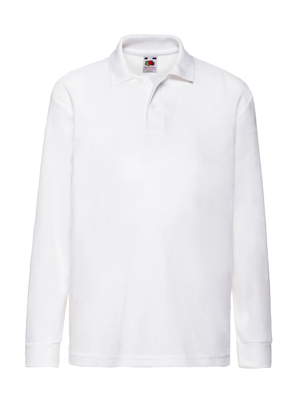 Kids` 65/35 Long Sleeve Polo zum Besticken und Bedrucken in der Farbe White mit Ihren Logo, Schriftzug oder Motiv.