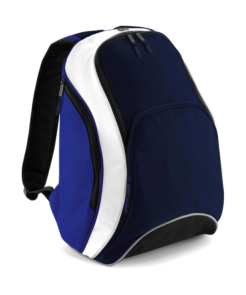 Teamwear Backpack zum Besticken und Bedrucken in der Farbe French Navy/Bright Royal/White mit Ihren Logo, Schriftzug oder Motiv.
