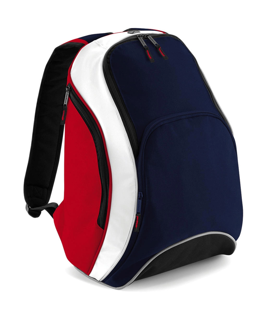 Teamwear Backpack zum Besticken und Bedrucken in der Farbe French Navy/Classic Red/White mit Ihren Logo, Schriftzug oder Motiv.