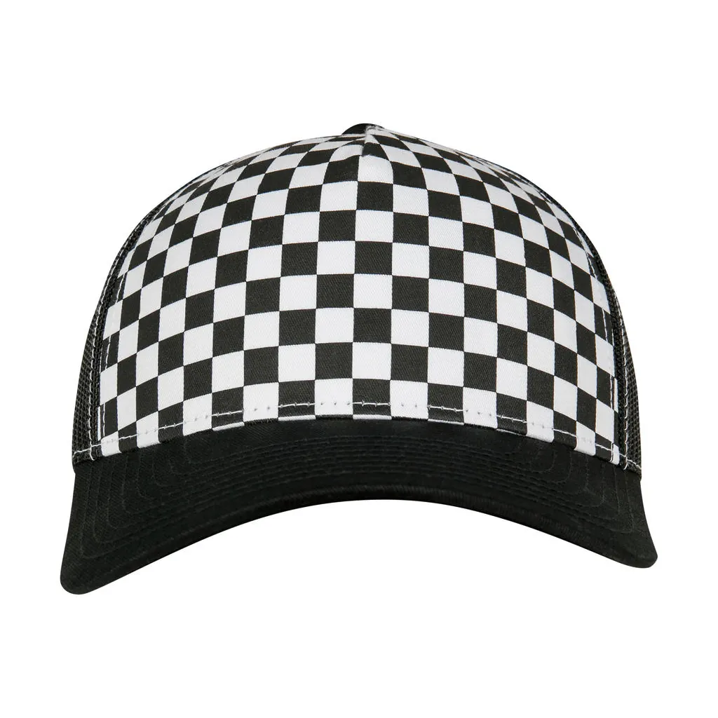Checkerboard Retro Trucker zum Besticken und Bedrucken in der Farbe Black/White mit Ihren Logo, Schriftzug oder Motiv.
