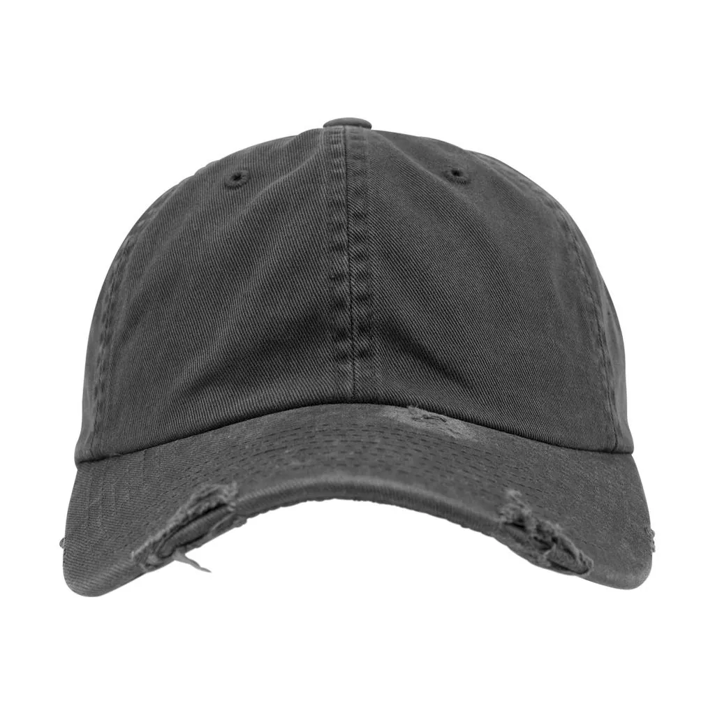 Low Profile Destroyed Cap zum Besticken und Bedrucken in der Farbe Dark Grey mit Ihren Logo, Schriftzug oder Motiv.