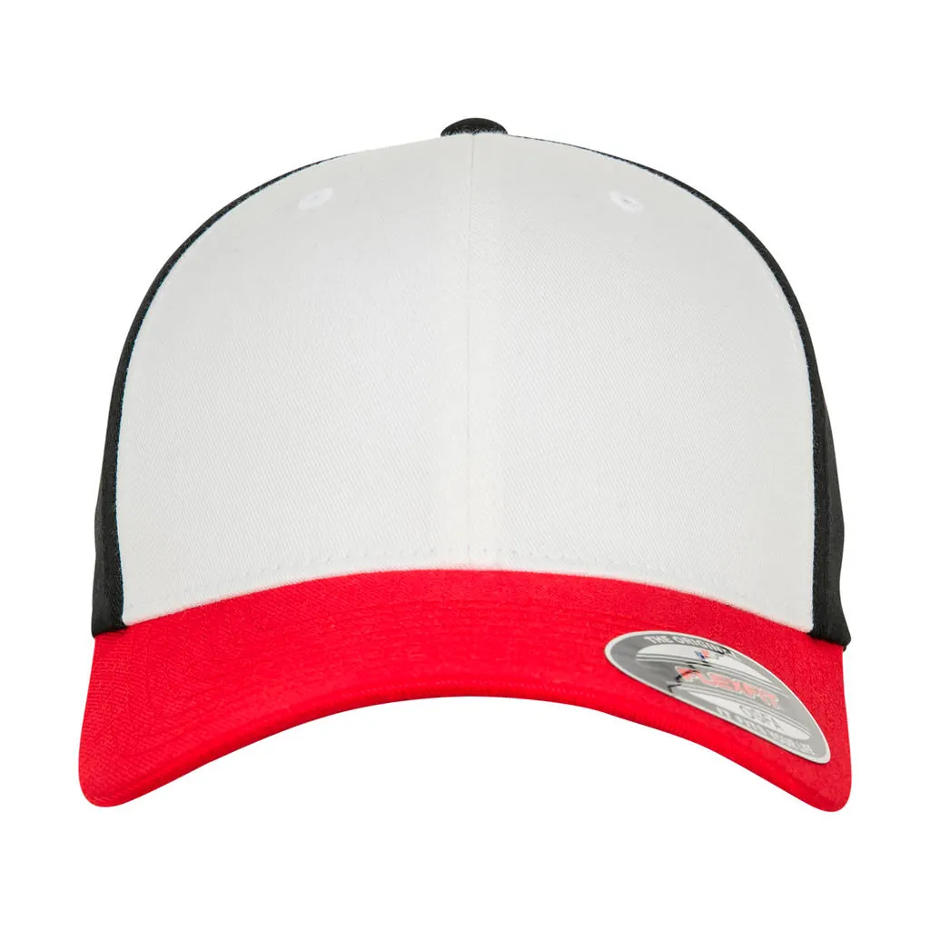 3-Tone Flexfit Cap zum Besticken und Bedrucken in der Farbe Red/White/Black mit Ihren Logo, Schriftzug oder Motiv.