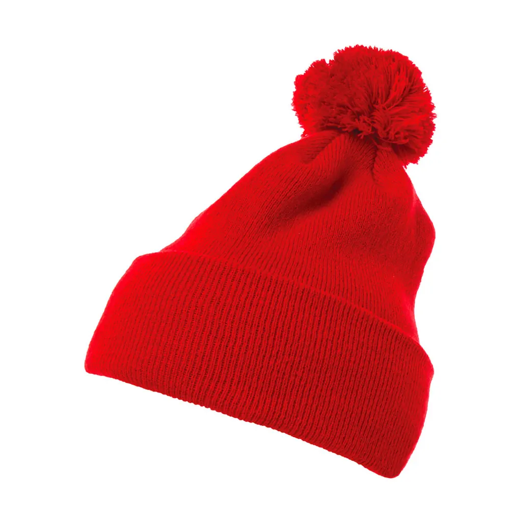Cuffed Pom Pom Knit Beanie zum Besticken und Bedrucken in der Farbe Red mit Ihren Logo, Schriftzug oder Motiv.
