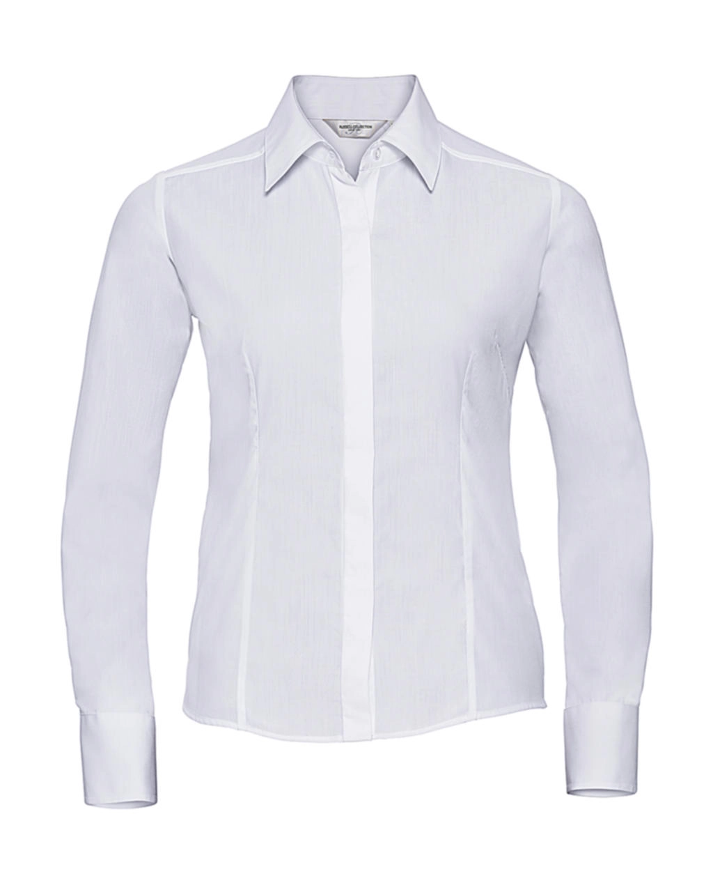 Ladies` LS Fitted Poplin Shirt zum Besticken und Bedrucken in der Farbe White mit Ihren Logo, Schriftzug oder Motiv.
