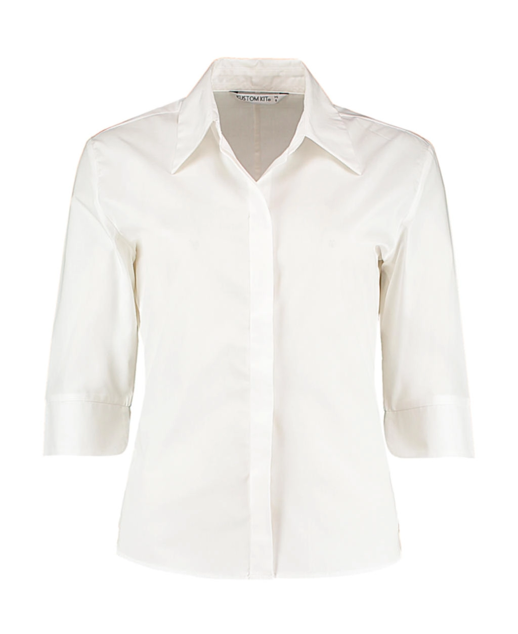 Women`s Tailored Fit Continental Blouse 3/4 Sleeve zum Besticken und Bedrucken in der Farbe White mit Ihren Logo, Schriftzug oder Motiv.