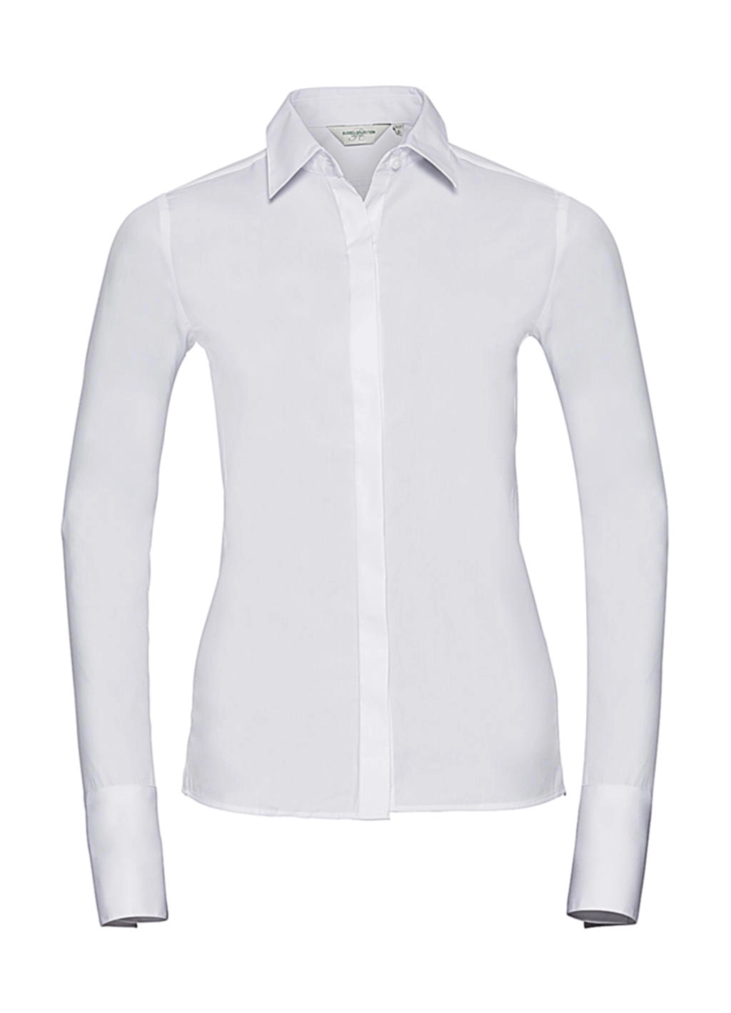 Ladies` LS Ultimate Stretch Shirt zum Besticken und Bedrucken in der Farbe White mit Ihren Logo, Schriftzug oder Motiv.