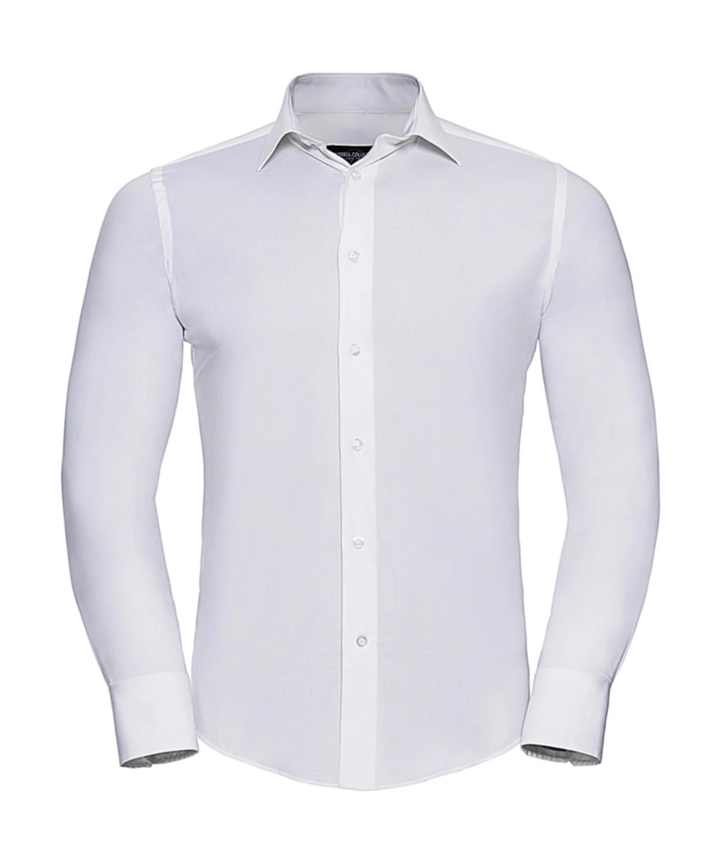 Fitted Stretch Shirt LS zum Besticken und Bedrucken in der Farbe White mit Ihren Logo, Schriftzug oder Motiv.
