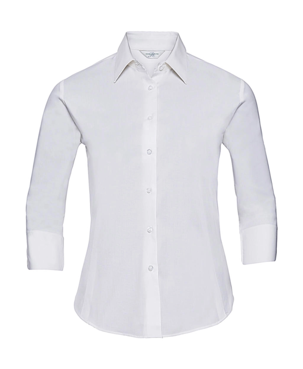 Ladies` 3/4 Sleeve Easy Care Fitted Shirt zum Besticken und Bedrucken in der Farbe White mit Ihren Logo, Schriftzug oder Motiv.