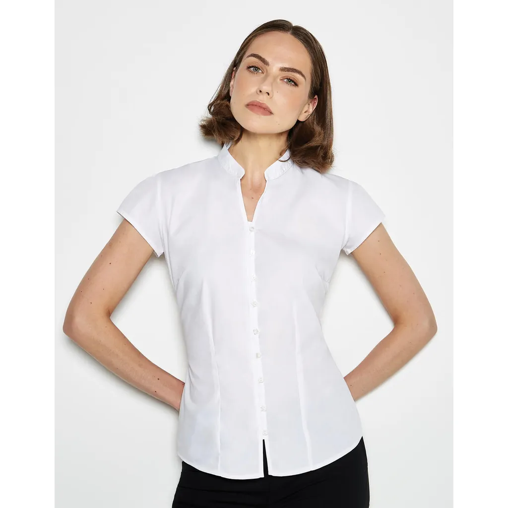 Women`s Tailored Fit Mandarin Collar Blouse SSL zum Besticken und Bedrucken mit Ihren Logo, Schriftzug oder Motiv.
