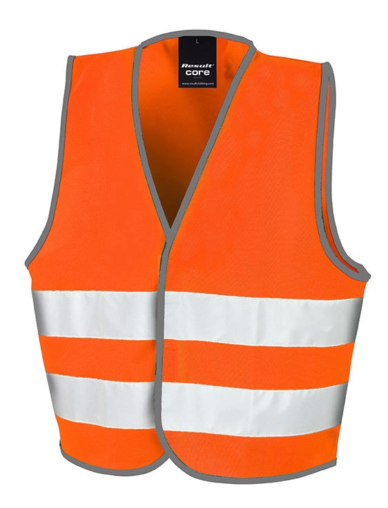 Junior Hi-Vis Safety Vest zum Besticken und Bedrucken in der Farbe Fluorescent Orange mit Ihren Logo, Schriftzug oder Motiv.