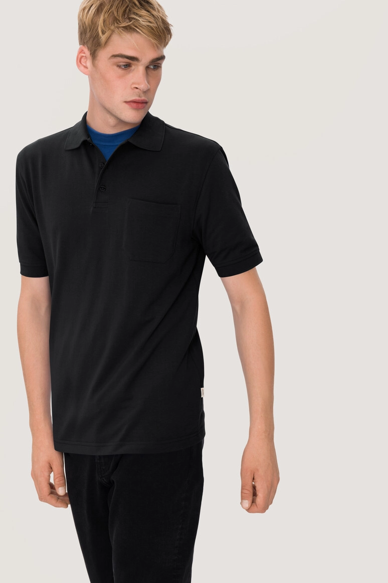 HAKRO Pocket-Poloshirt Top zum Besticken und Bedrucken in der Farbe Schwarz mit Ihren Logo, Schriftzug oder Motiv.