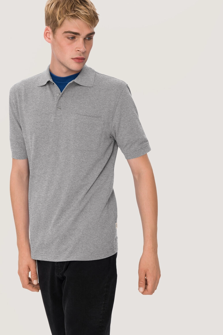 HAKRO Pocket-Poloshirt Top zum Besticken und Bedrucken in der Farbe Grau meliert mit Ihren Logo, Schriftzug oder Motiv.