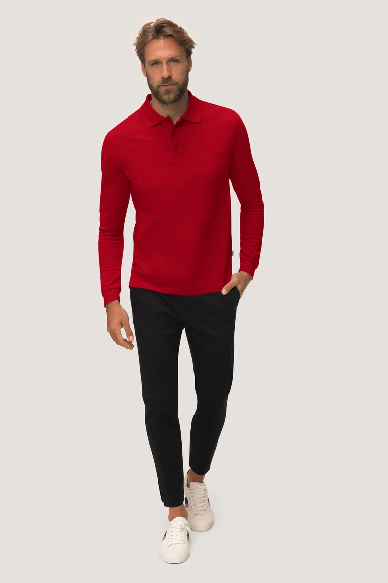 HAKRO Longsleeve-Pocket-Poloshirt Top zum Besticken und Bedrucken in der Farbe Rot mit Ihren Logo, Schriftzug oder Motiv.