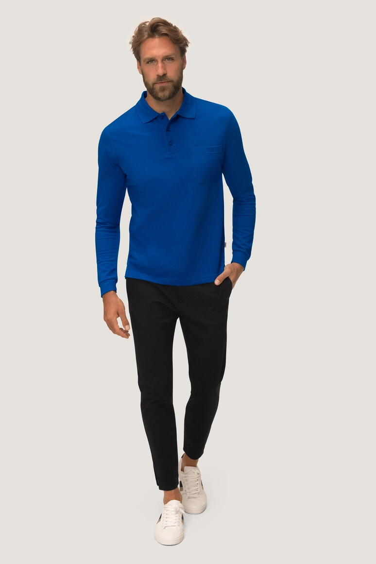 HAKRO Longsleeve-Pocket-Poloshirt Top zum Besticken und Bedrucken in der Farbe Royalblau mit Ihren Logo, Schriftzug oder Motiv.