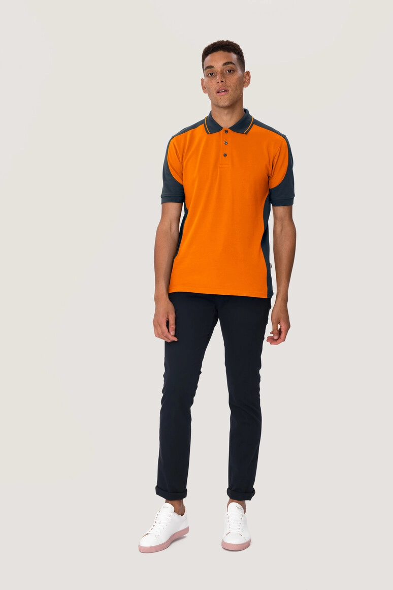 HAKRO Poloshirt Contrast Mikralinar® zum Besticken und Bedrucken in der Farbe Orange/anthrazit mit Ihren Logo, Schriftzug oder Motiv.