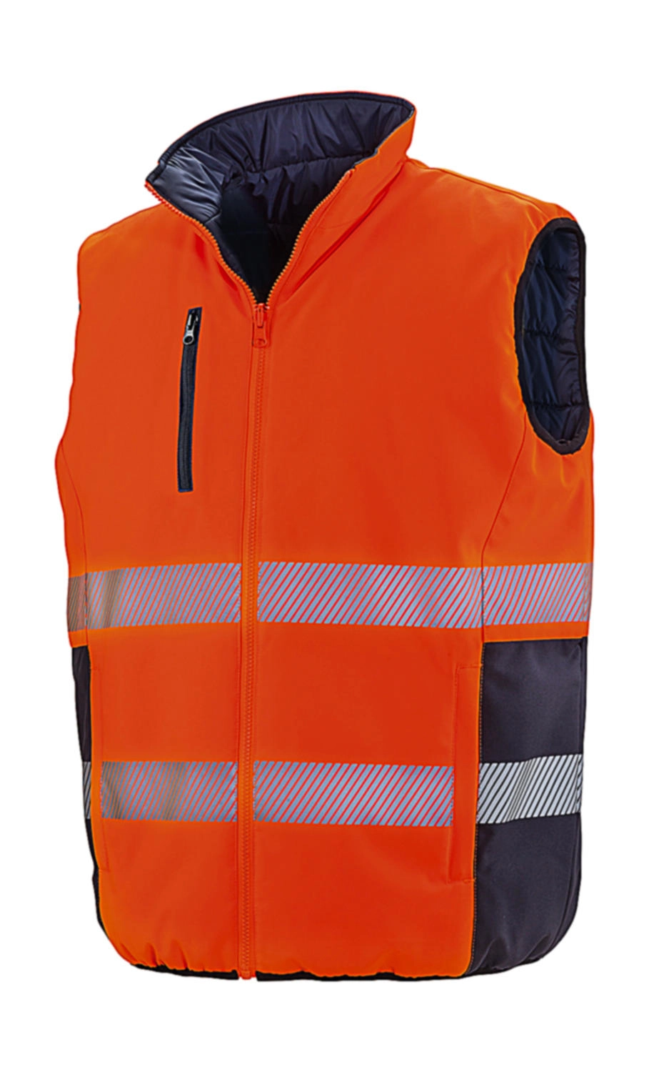 Reversible Soft Padded Safety Gilet zum Besticken und Bedrucken in der Farbe Fluo Orange/Navy mit Ihren Logo, Schriftzug oder Motiv.