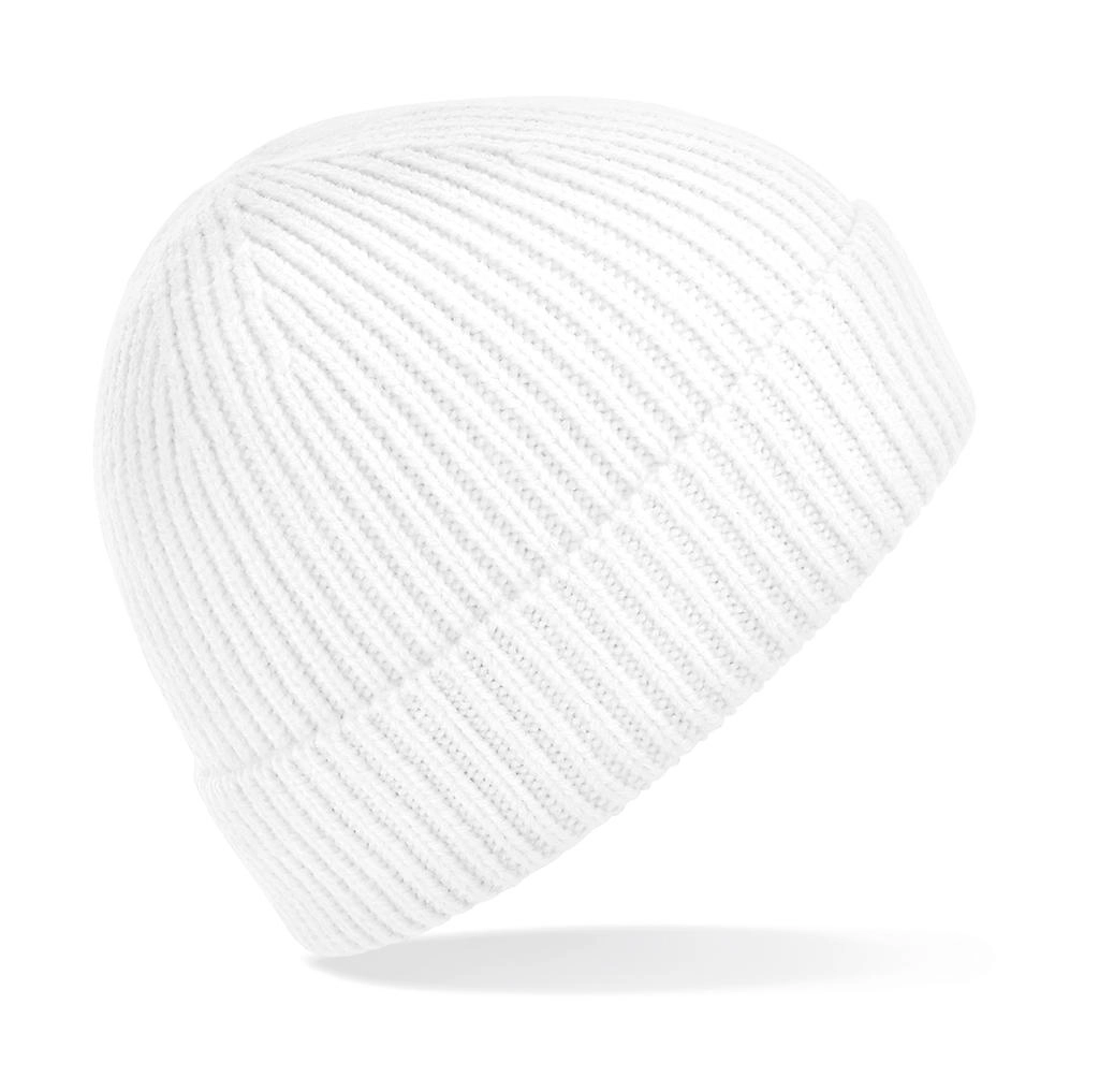 Engineered Knit Ribbed Beanie zum Besticken und Bedrucken in der Farbe White mit Ihren Logo, Schriftzug oder Motiv.