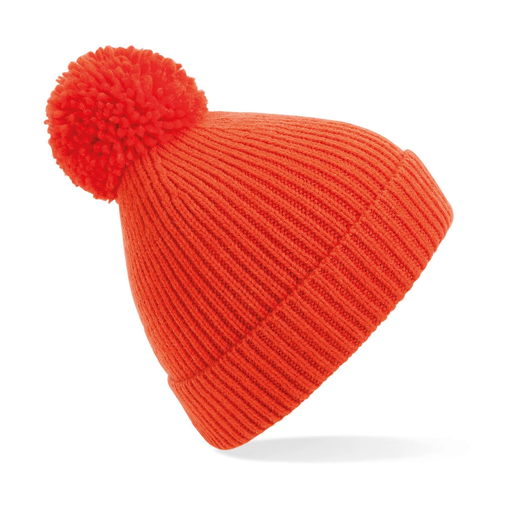 Engineered Knit Ribbed Pom Pom Beanie zum Besticken und Bedrucken in der Farbe Fire Red mit Ihren Logo, Schriftzug oder Motiv.