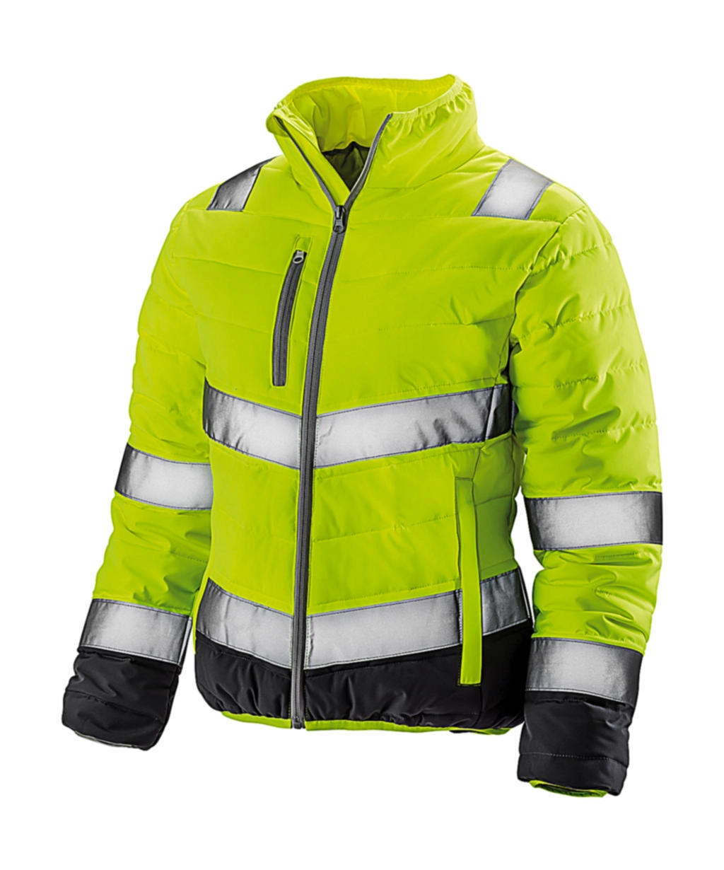 Women`s Soft Padded Safety Jacket zum Besticken und Bedrucken in der Farbe Fluo Yellow/Grey mit Ihren Logo, Schriftzug oder Motiv.