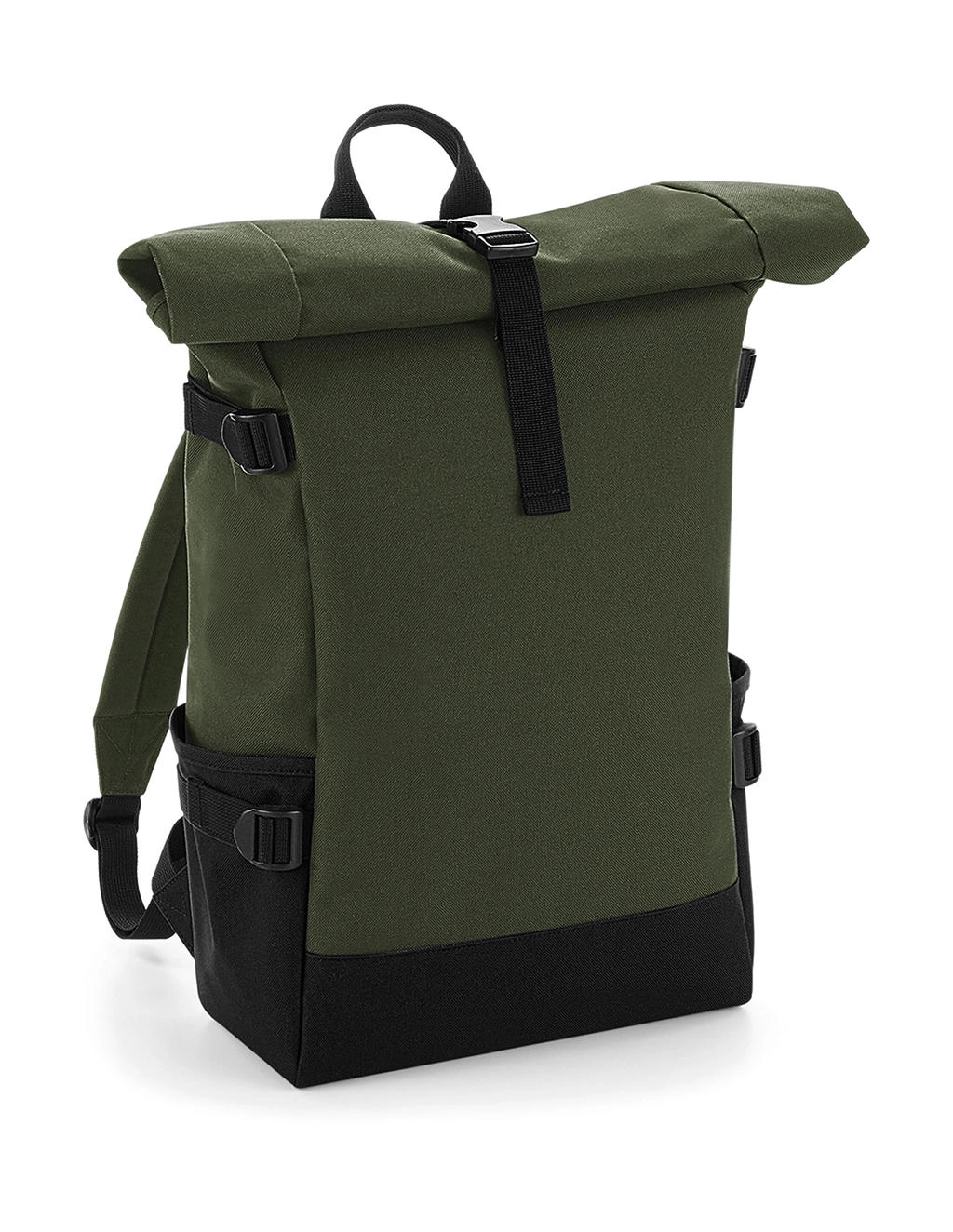 Block Roll-Top Backpack zum Besticken und Bedrucken in der Farbe Olive Green/Black mit Ihren Logo, Schriftzug oder Motiv.