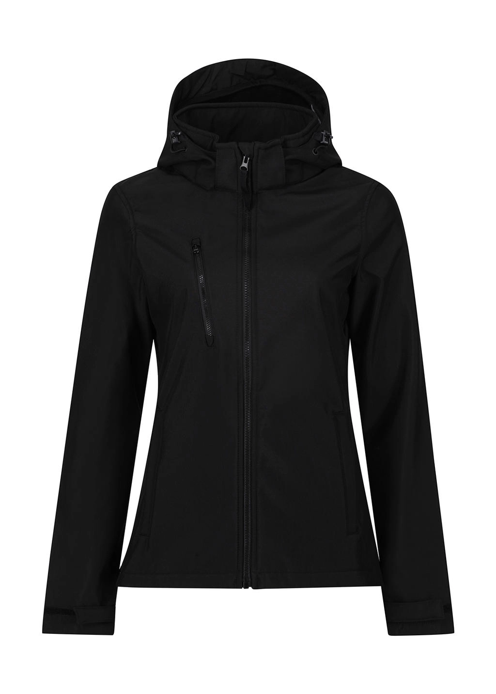 Women`s Venturer 3-Layer Hooded Softshell Jacket zum Besticken und Bedrucken in der Farbe Black mit Ihren Logo, Schriftzug oder Motiv.