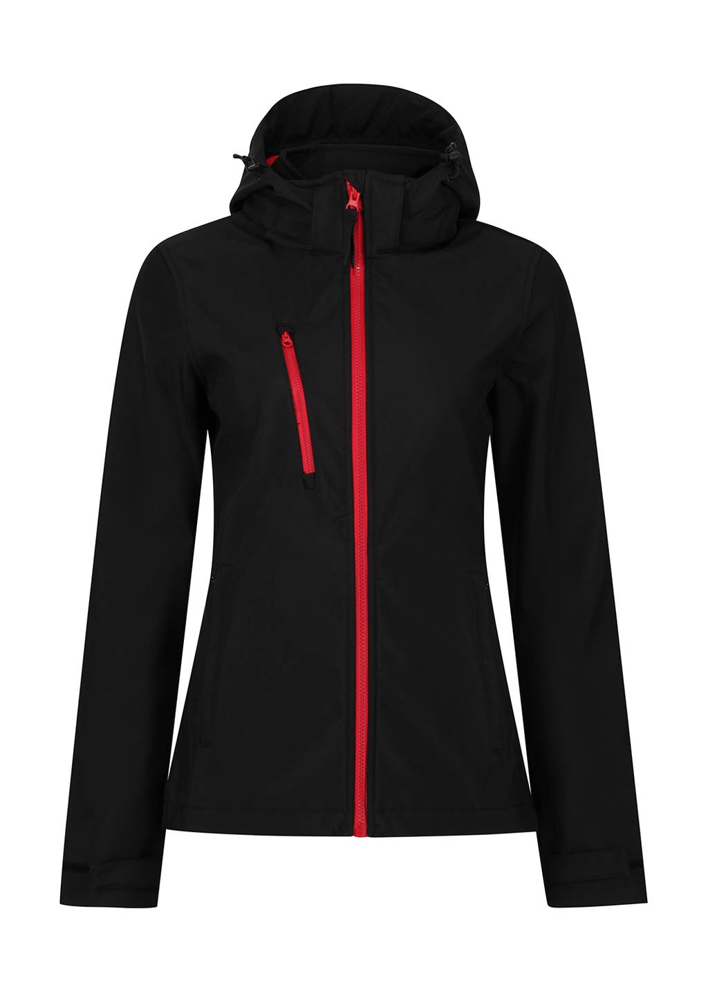 Women`s Venturer 3-Layer Hooded Softshell Jacket zum Besticken und Bedrucken in der Farbe Black/Red mit Ihren Logo, Schriftzug oder Motiv.