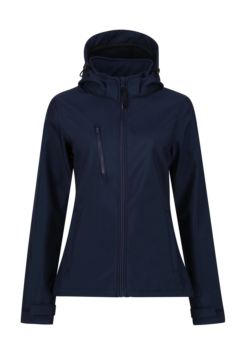 Women`s Venturer 3-Layer Hooded Softshell Jacket zum Besticken und Bedrucken in der Farbe Navy mit Ihren Logo, Schriftzug oder Motiv.
