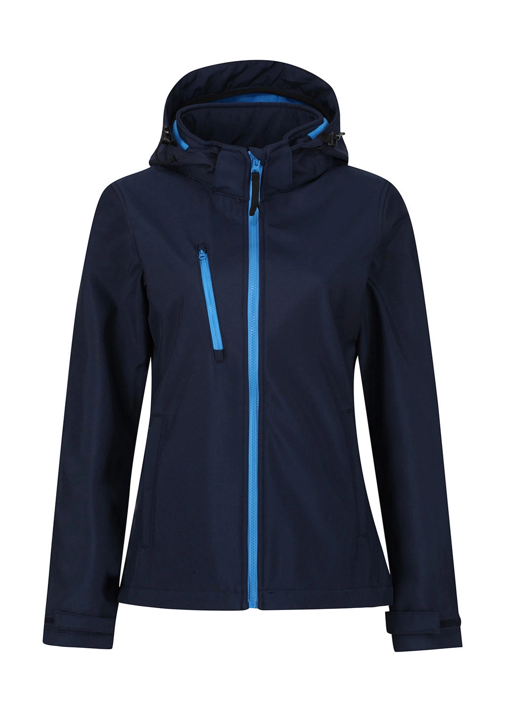 Women`s Venturer 3-Layer Hooded Softshell Jacket zum Besticken und Bedrucken in der Farbe Navy/French Blue mit Ihren Logo, Schriftzug oder Motiv.