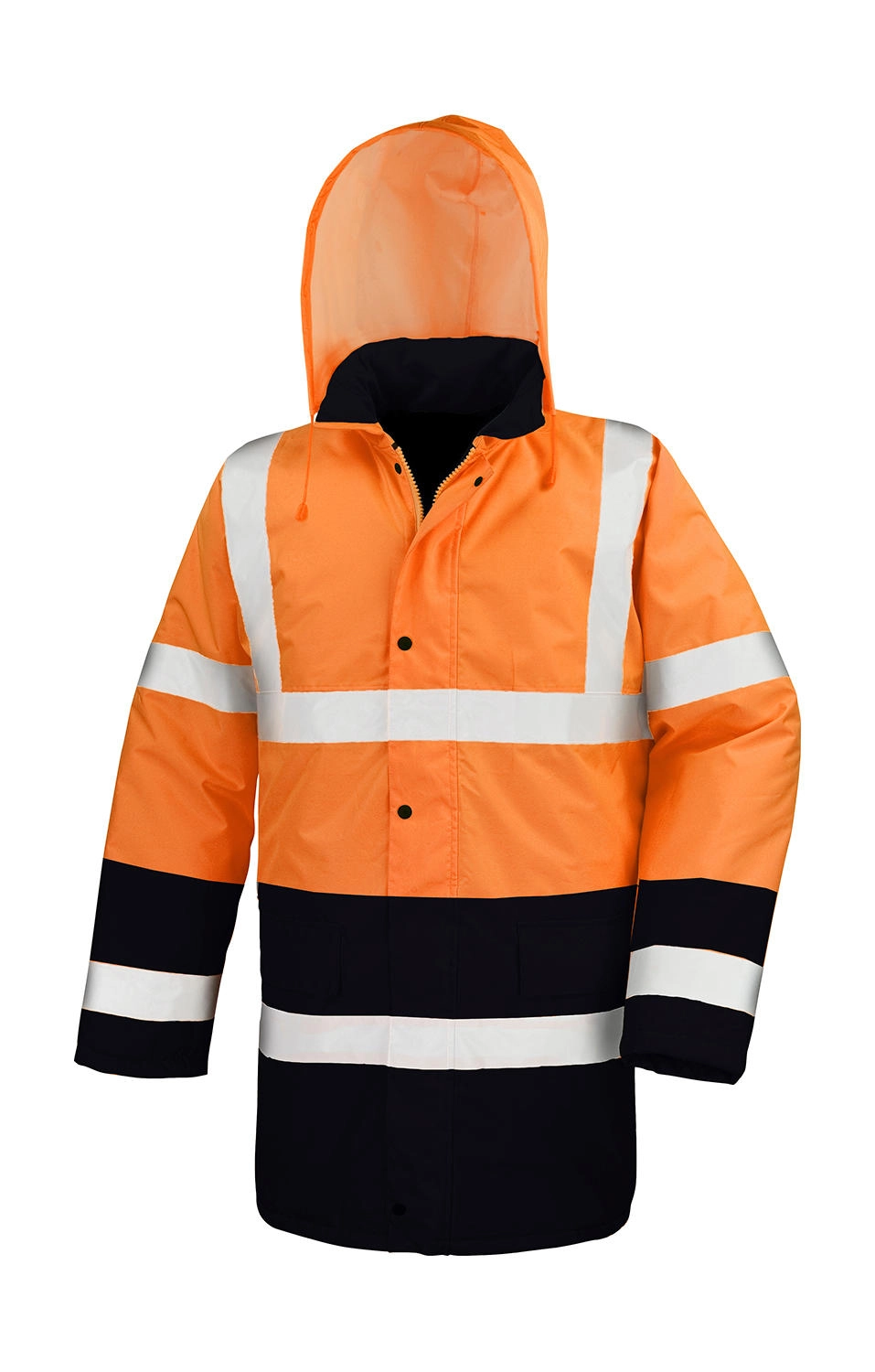 Core Motorway 2-Tone Safety Coat zum Besticken und Bedrucken in der Farbe Fluorescent Orange/Black mit Ihren Logo, Schriftzug oder Motiv.