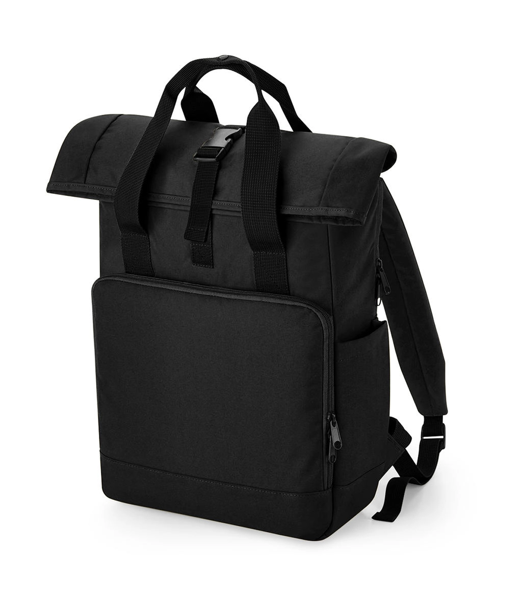 Recycled Twin Handle Roll-Top Laptop Backpack zum Besticken und Bedrucken in der Farbe Black mit Ihren Logo, Schriftzug oder Motiv.