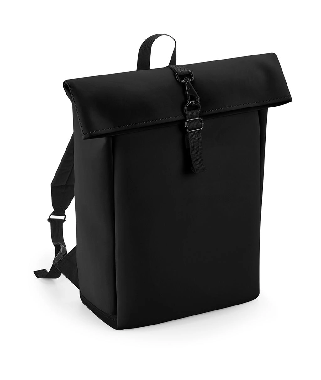 Matte PU Rolltop Backpack zum Besticken und Bedrucken in der Farbe Black mit Ihren Logo, Schriftzug oder Motiv.