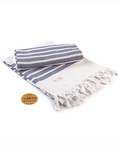 Hamamzz® Dalaman Towel zum Besticken und Bedrucken in der Farbe White-French Navy mit Ihren Logo, Schriftzug oder Motiv.