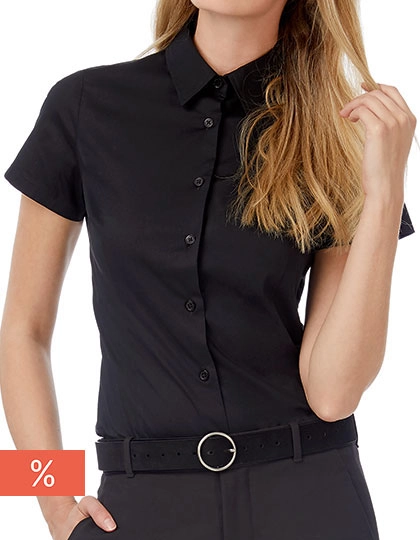Women´s Poplin Shirt Black Tie Short Sleeve zum Besticken und Bedrucken mit Ihren Logo, Schriftzug oder Motiv.