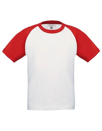 Kids´ T-Shirt Base-Ball zum Besticken und Bedrucken in der Farbe White-Red mit Ihren Logo, Schriftzug oder Motiv.