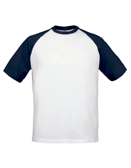 T-Shirt Base-Ball zum Besticken und Bedrucken in der Farbe White-Navy mit Ihren Logo, Schriftzug oder Motiv.