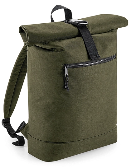 Recycled Roll-Top Backpack zum Besticken und Bedrucken in der Farbe Military Green mit Ihren Logo, Schriftzug oder Motiv.