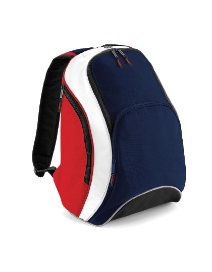 Teamwear Backpack zum Besticken und Bedrucken in der Farbe French Navy-Classic Red-White mit Ihren Logo, Schriftzug oder Motiv.