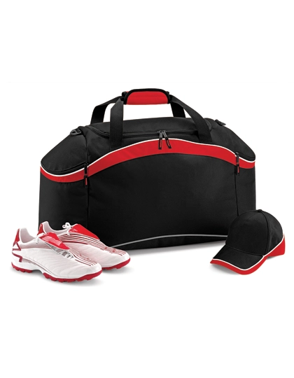 Teamwear Holdall zum Besticken und Bedrucken in der Farbe Black-Classic Red-White mit Ihren Logo, Schriftzug oder Motiv.