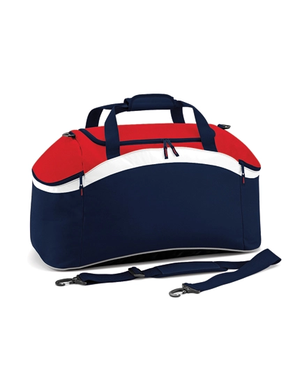 Teamwear Holdall zum Besticken und Bedrucken in der Farbe French Navy-Classic Red-White mit Ihren Logo, Schriftzug oder Motiv.
