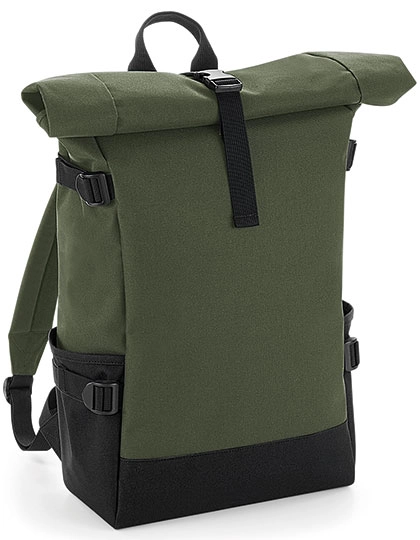 Block Roll-Top Backpack zum Besticken und Bedrucken in der Farbe Olive Green-Black mit Ihren Logo, Schriftzug oder Motiv.