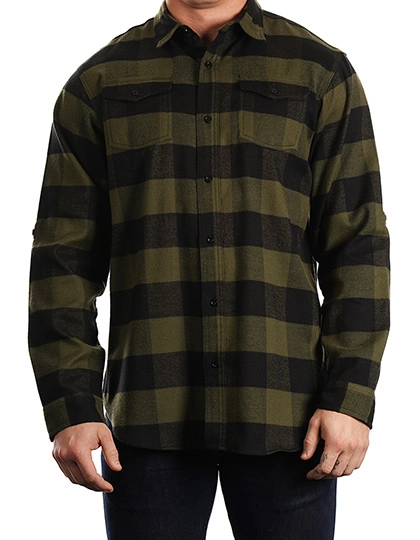 Woven Plaid Flannel Shirt zum Besticken und Bedrucken in der Farbe Army - Black (Checked) mit Ihren Logo, Schriftzug oder Motiv.