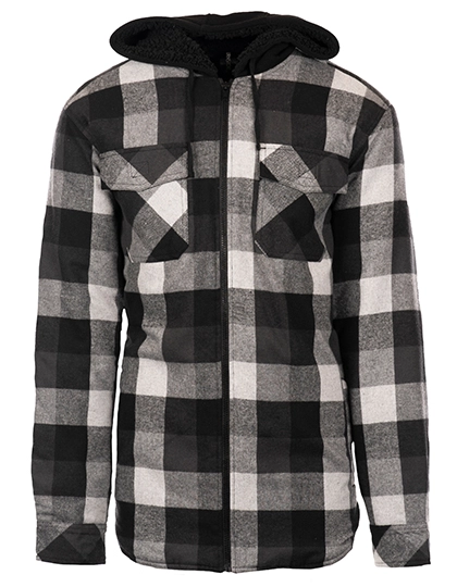 Men´s Flannel Jacket With Sherpa Hoodie zum Besticken und Bedrucken in der Farbe Black - Grey (Checked) mit Ihren Logo, Schriftzug oder Motiv.
