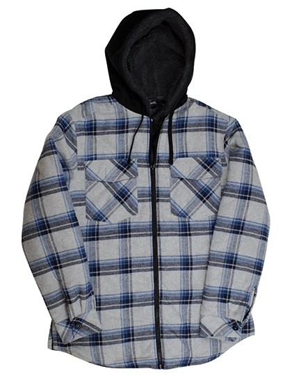 Men´s Flannel Jacket With Sherpa Hoodie zum Besticken und Bedrucken in der Farbe Grey - Blue (Checked) mit Ihren Logo, Schriftzug oder Motiv.